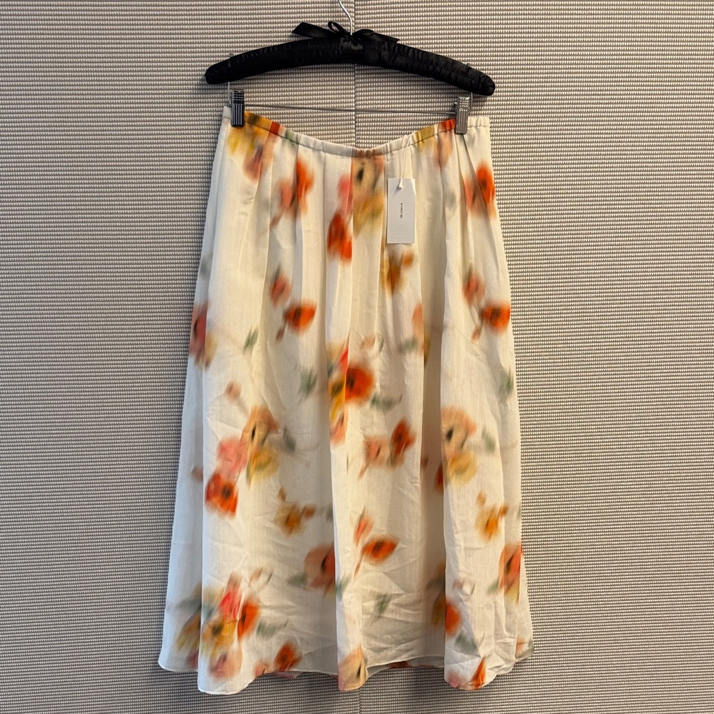 Vince Cream Pleated Midi Skirt with Orange & Green Watercolor Floral